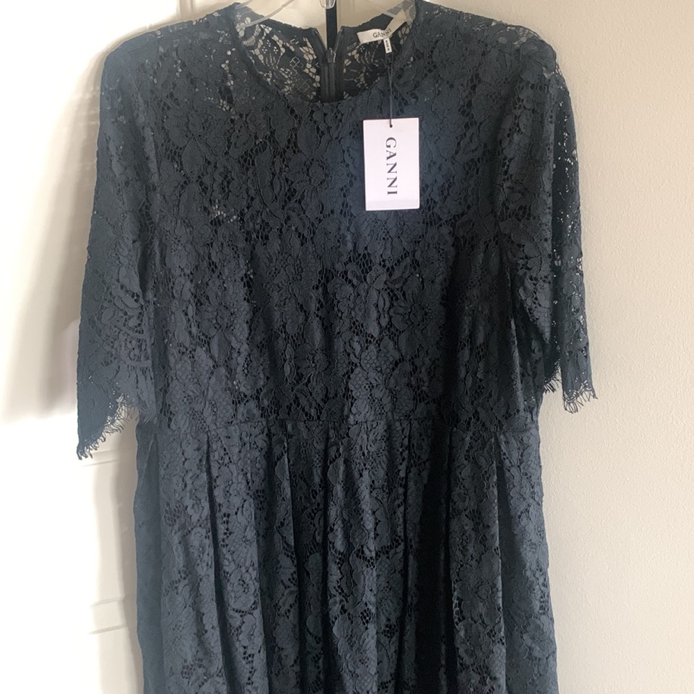 Ganni black lace midi dress with pleated skirt
